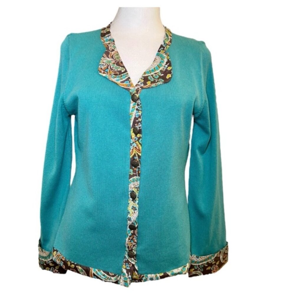 Vintage Cashmere Silk Teal Cardigan Paisley Trim Boho - Picture 6 of 9